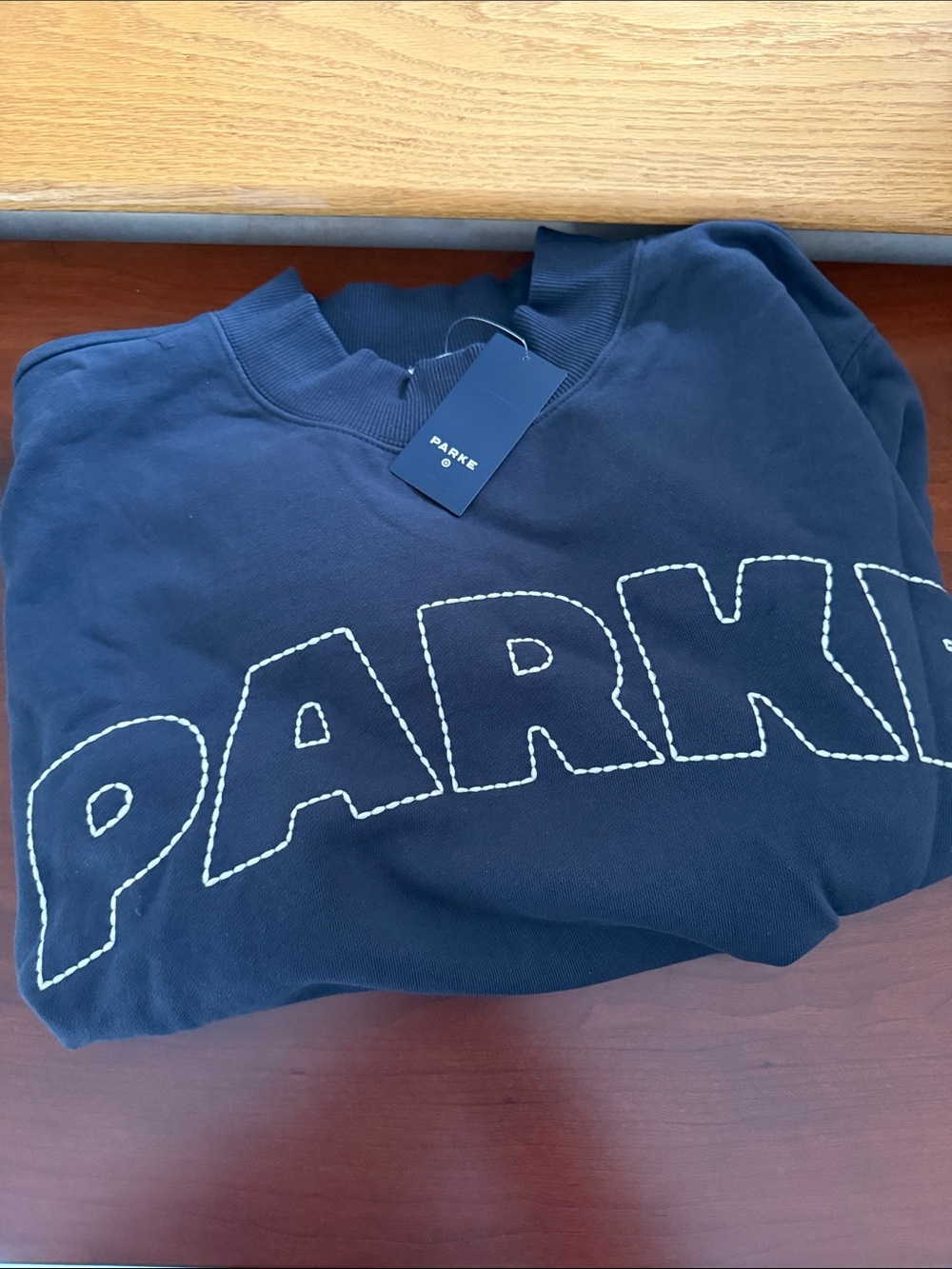 PARKE x target Navy mock neck Sweatshirt with White Stitching
